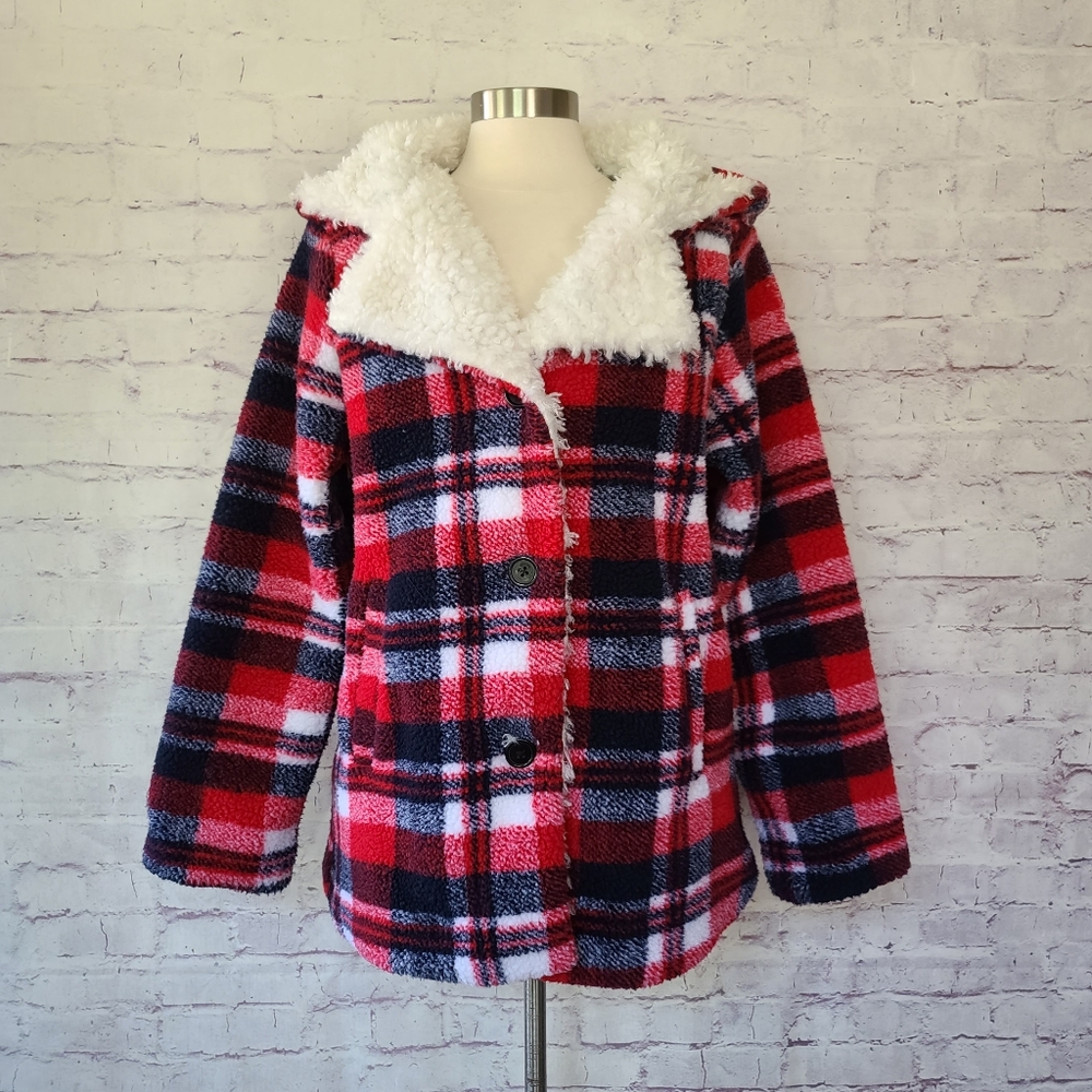 Steve Madden Red Navy Plaid Fleece Faux Fur Sherpa Lined Hooded Coat Large